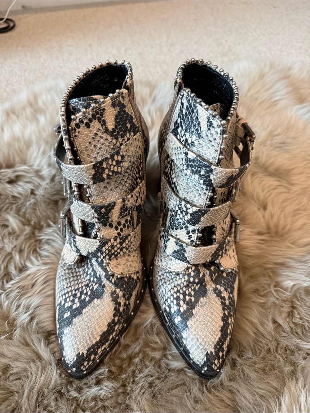 Steve Madden Black & White Python-Print Buckle Ankle Boots